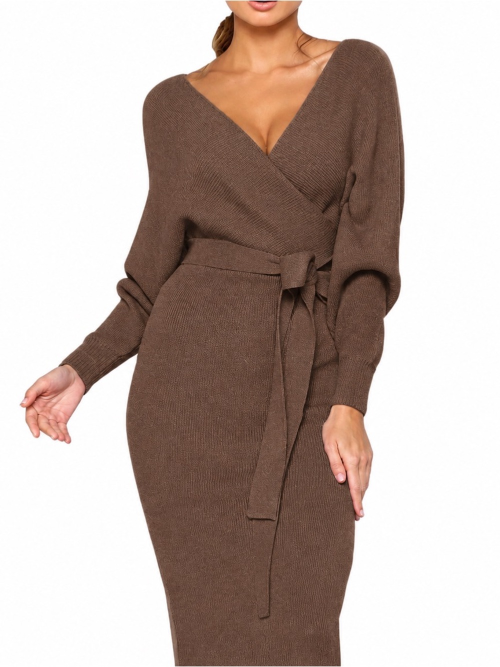 Brown V-Neck Midi Sweater Dress with Tie Waist